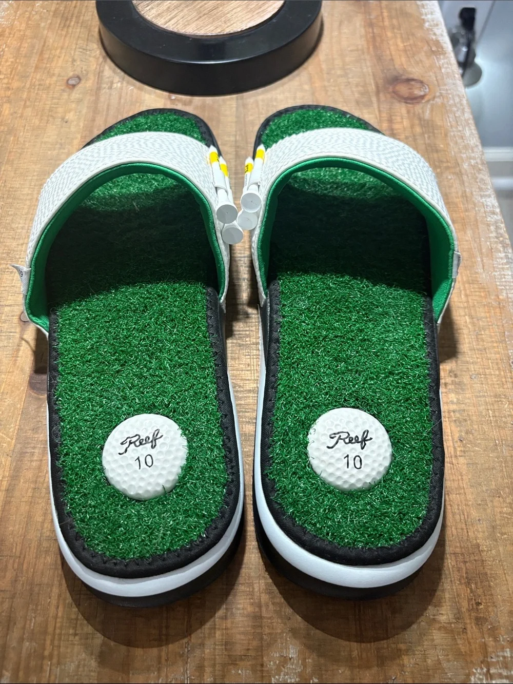 Reef Men’s White Slides with Green Turf Footbed